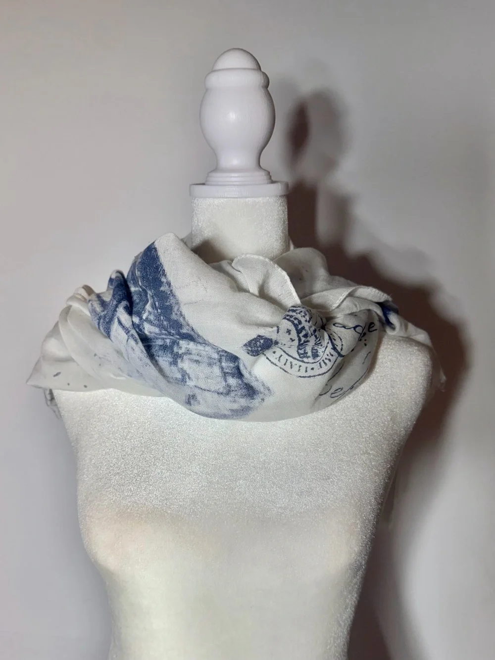 White & Blue Scarf, Shawl, Poncho Sheer Rome, Italy Theme with Fringe